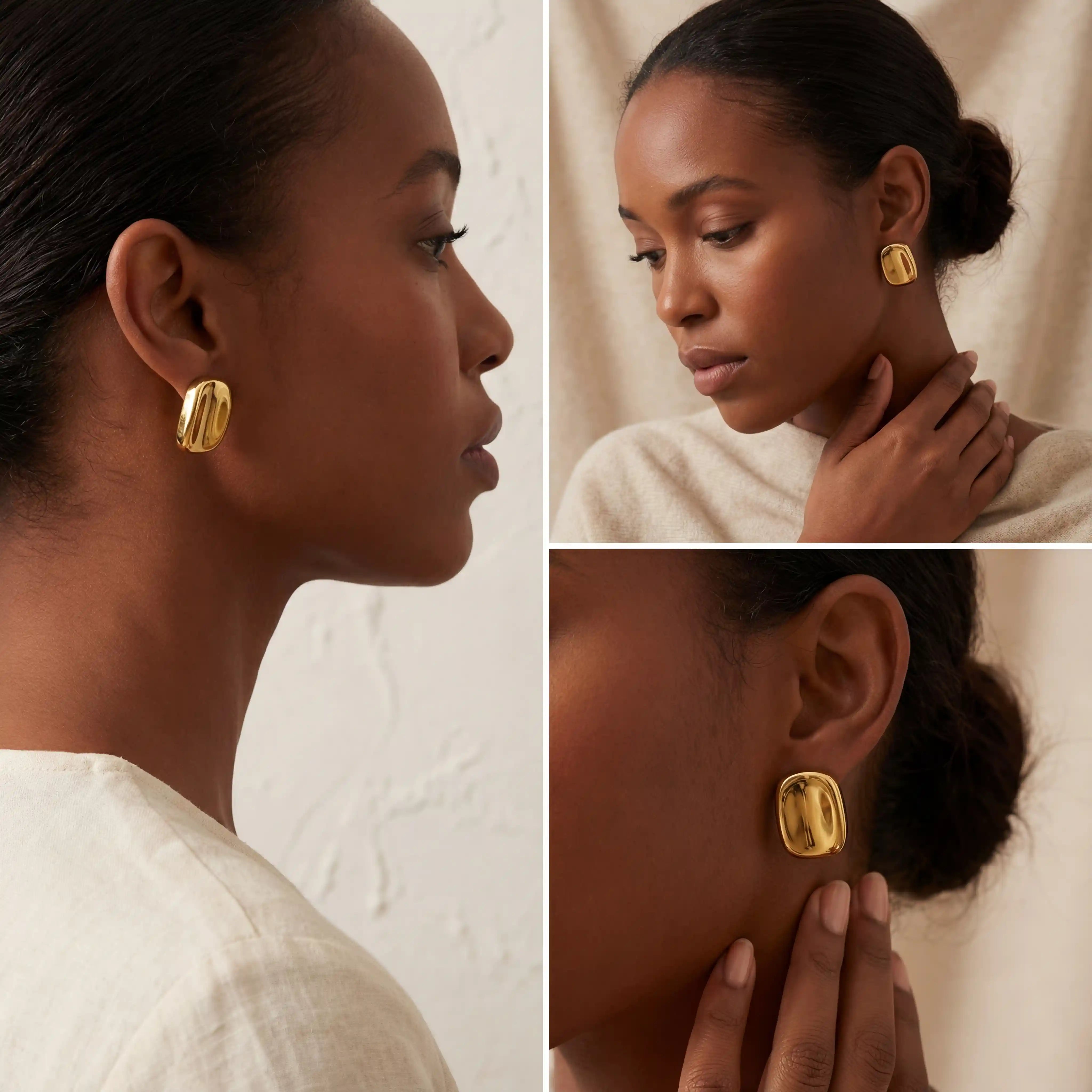 Dark skin model styling chunky gold Hestia earrings vintage modern vibe.