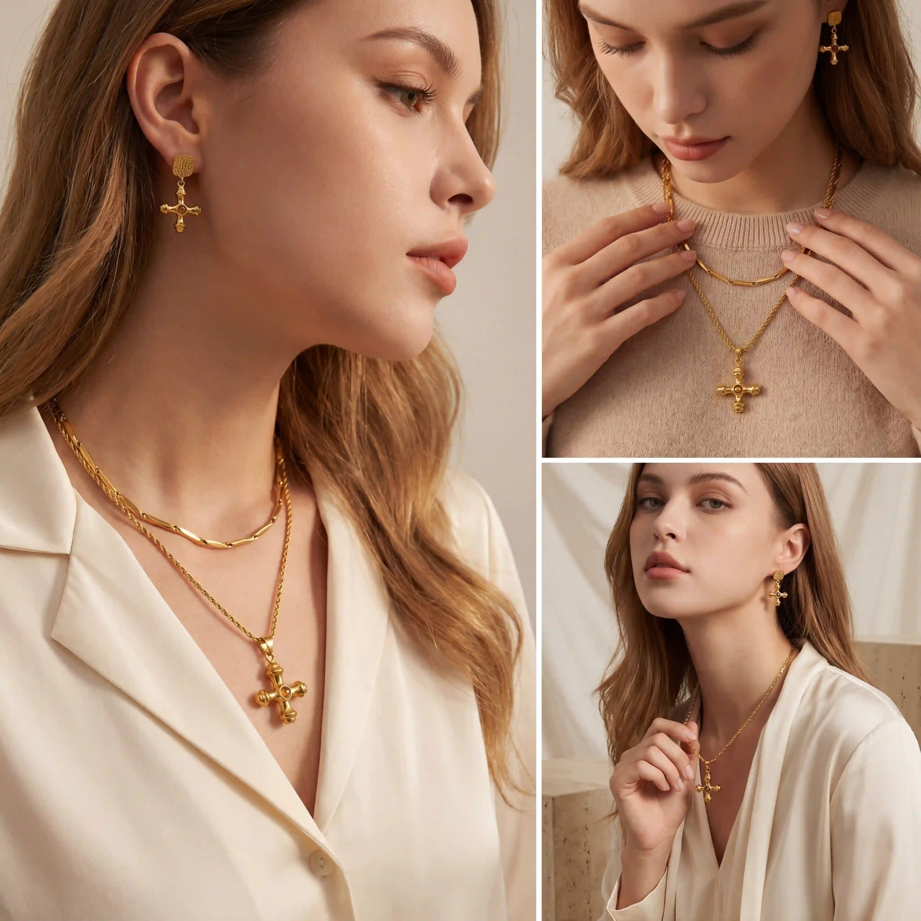Lifestyle photography collage of woman styling gold cross pendant necklace vintage aesthetic.