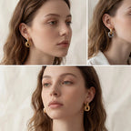 Lifestyle photography collage of blonde woman styling gold geometric link earrings office look.