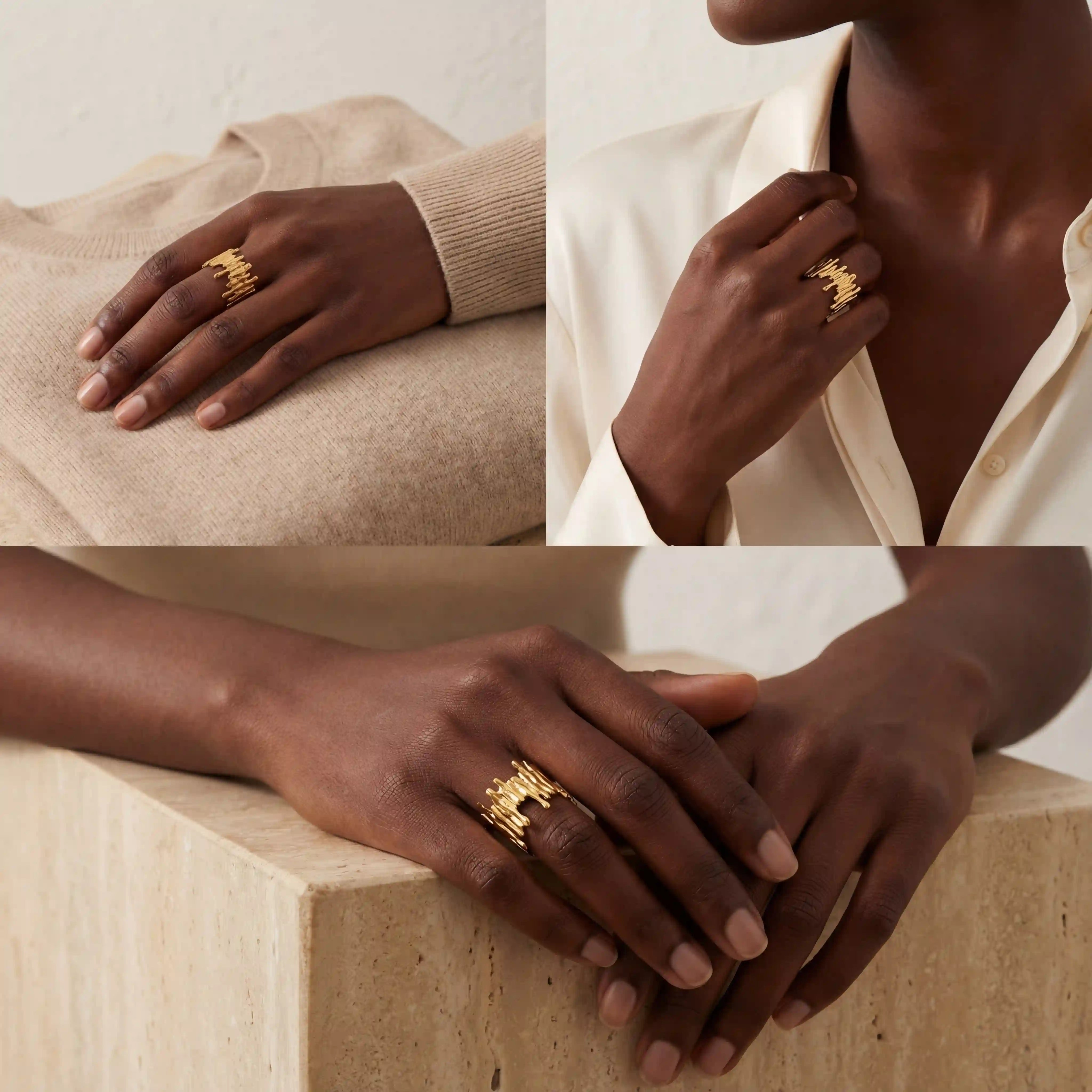 Fashion styling of Midas gold statement ring on black woman elegant look.