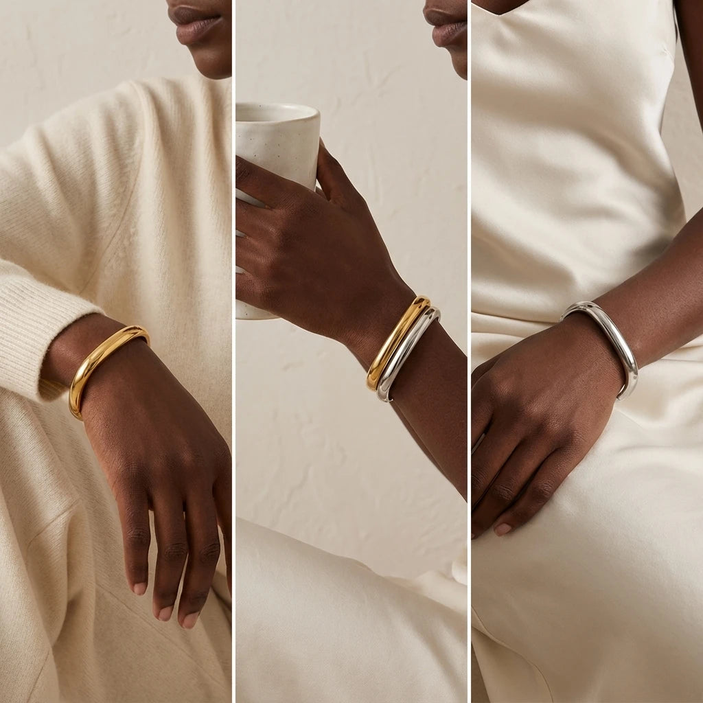 Lifestyle collage of mixed metal square bangles styled on dark skin model.