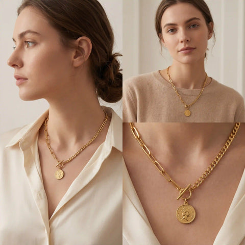 Lifestyle photography collage of woman styling gold mixed link necklace with white shirt.