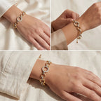 Lifestyle photography collage of woman styling mixed metal bracelet everyday jewelry look.