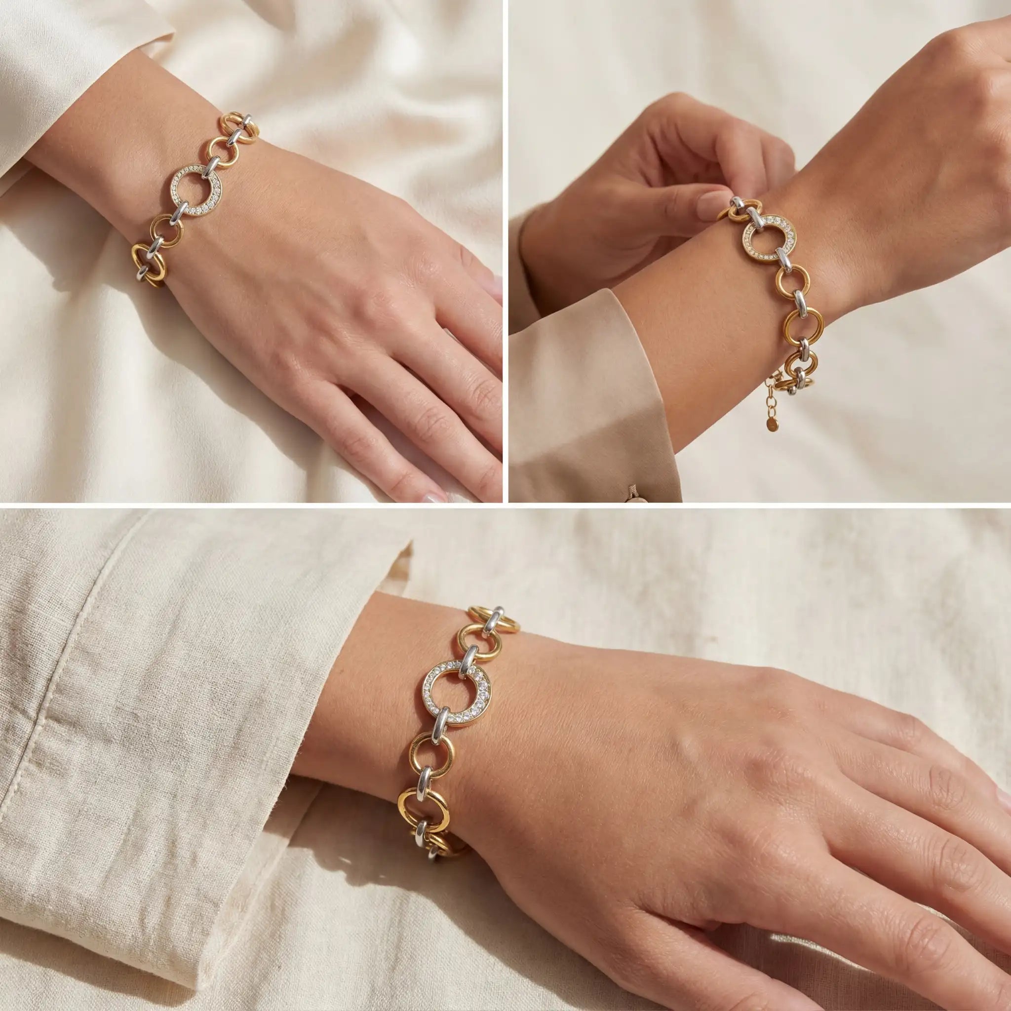 Lifestyle photography collage of woman styling mixed metal bracelet everyday jewelry look.