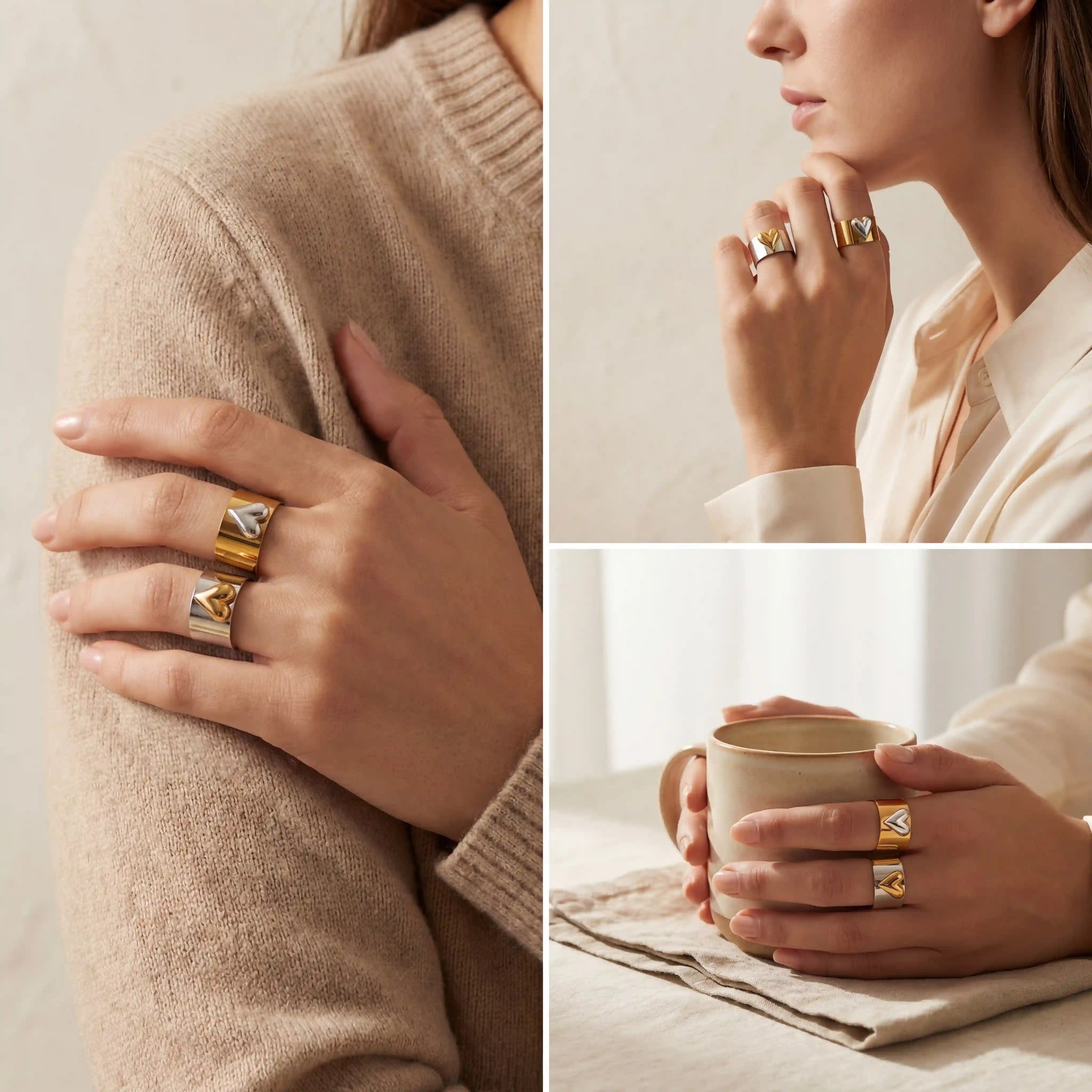 Lifestyle photography of woman wearing gold and silver heart rings holding coffee cup.