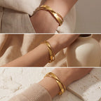 Mood board collage of architectural gold cuff bracelet styling on wrist.