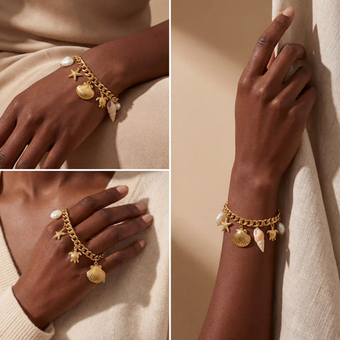 Dark skin model styling waterproof gold starfish and shell bracelet summer fashion.