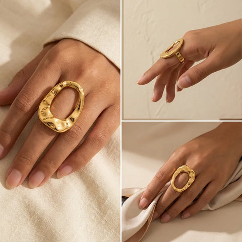 Lifestyle mood board of abstract gold ring styling on light skin tone model.