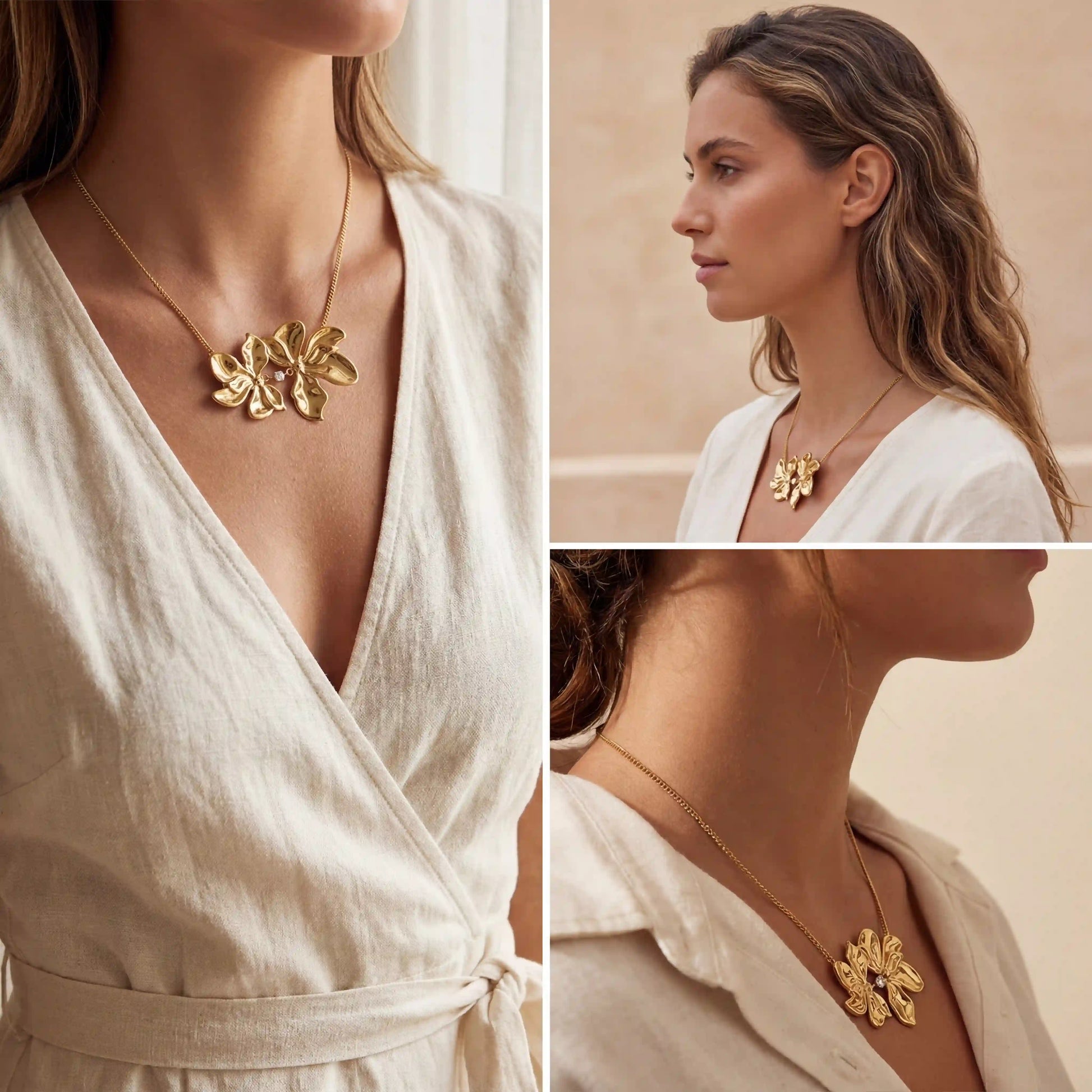 Lifestyle photography collage of woman wearing romantic gold flower necklace spring fashion.
