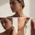 Lifestyle photography collage of woman styling long gold wire statement earrings artistic look.