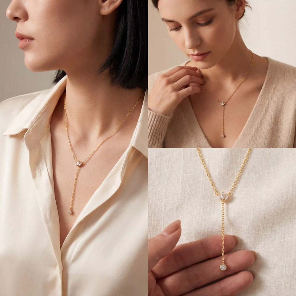 Lifestyle photography collage of woman styling delicate gold Y-drop necklace romantic look.