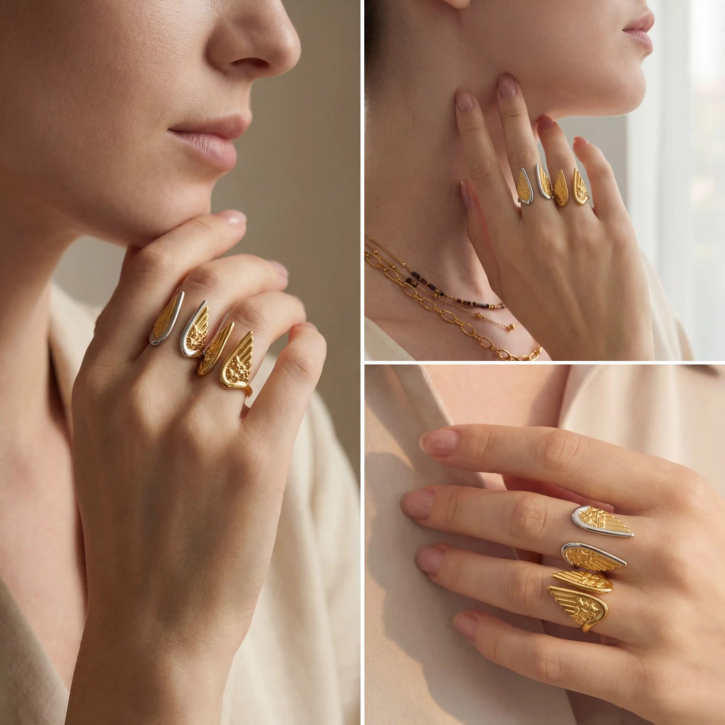 Lifestyle photography collage of woman styling vintage gold wing ring romantic look.