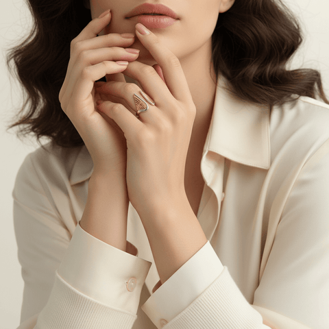 A woman in a classic white shirt wearing the all-gold Seraphina Ring, bringing her hands to her chin in an elegant pose that highlights the jewelry.