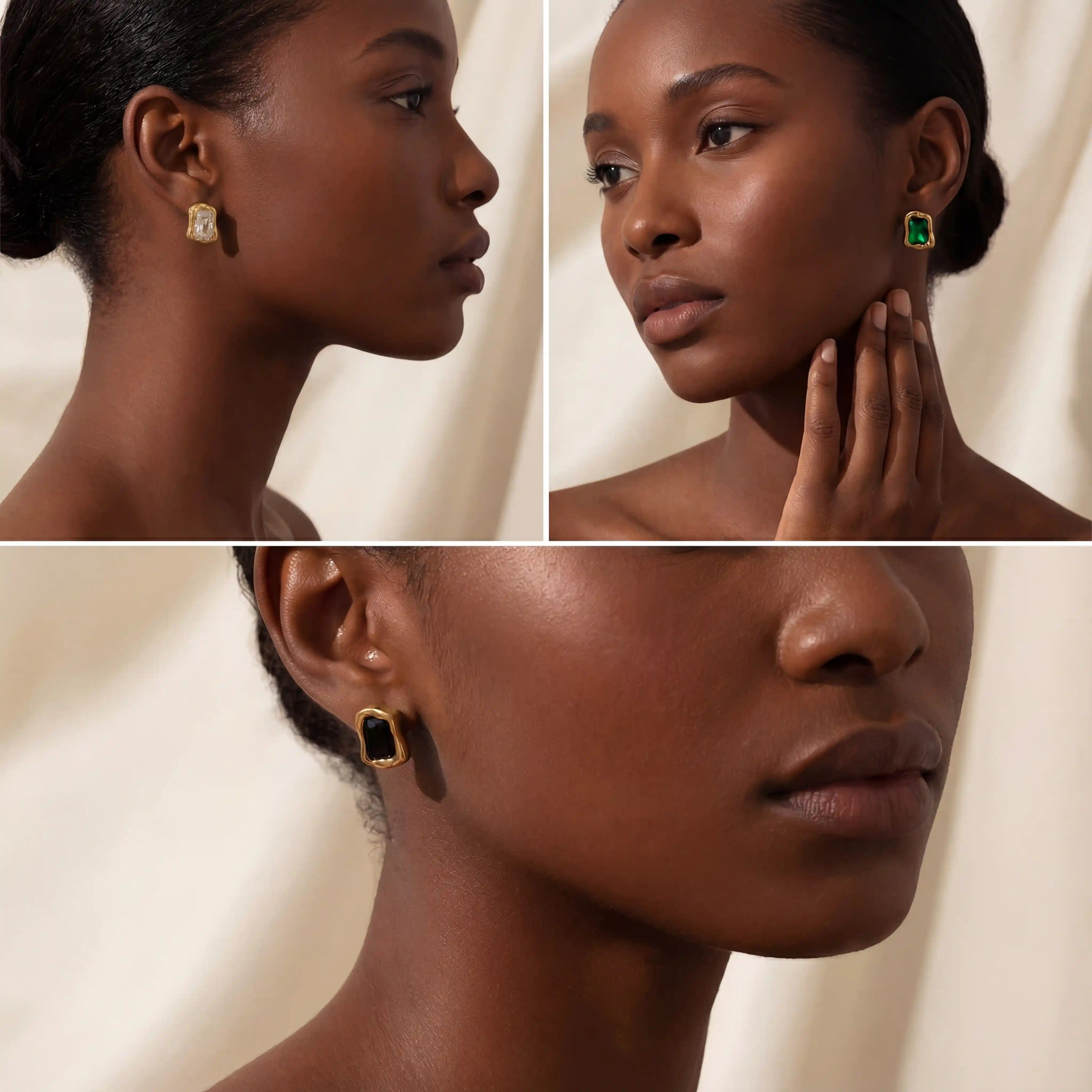 Dark skin models wearing emerald green and black signet stud earrings vintage look.