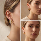 Lifestyle photography collage of blonde woman styling chunky gold and pearl hoops elegant look.
