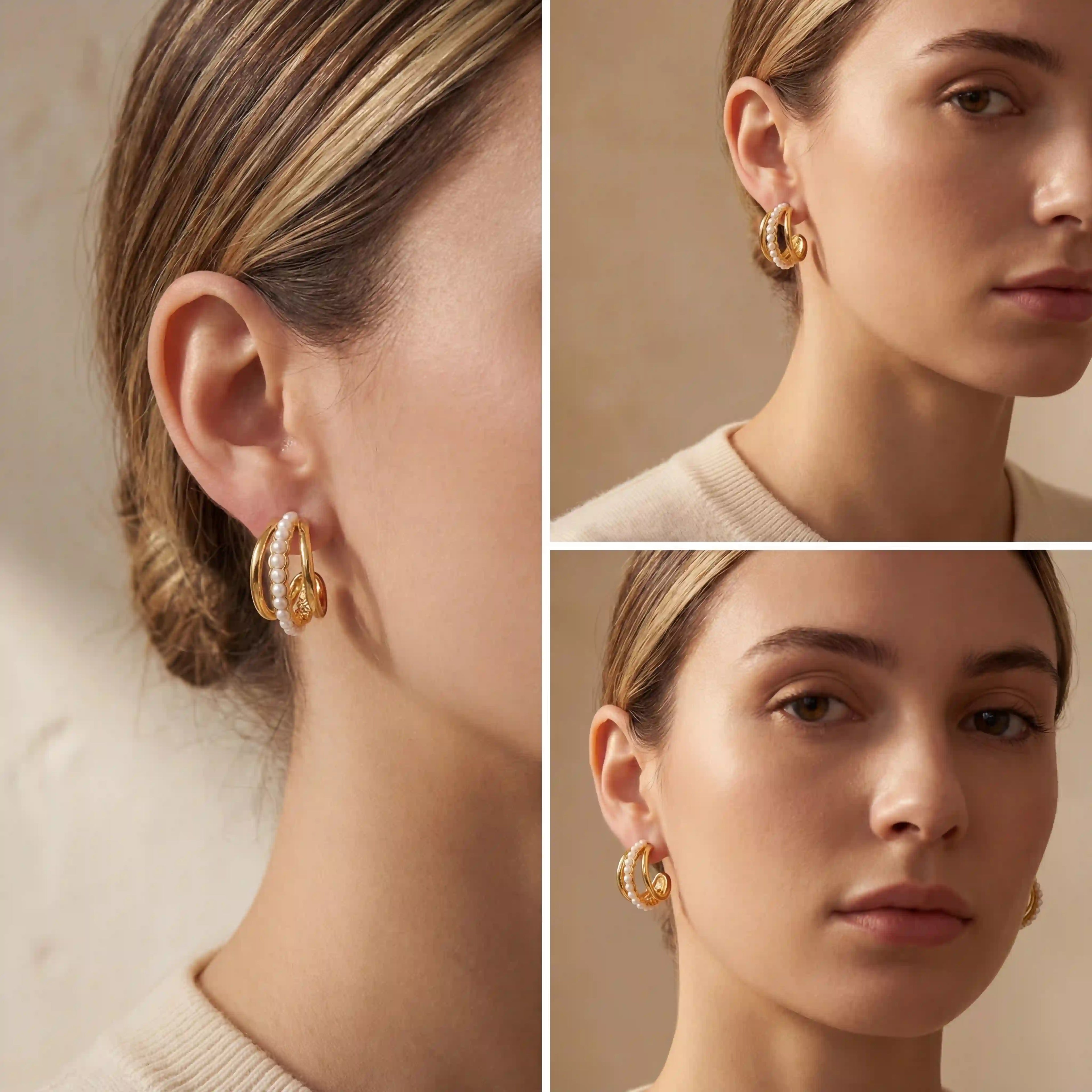 Lifestyle photography collage of blonde woman styling chunky gold and pearl hoops elegant look.
