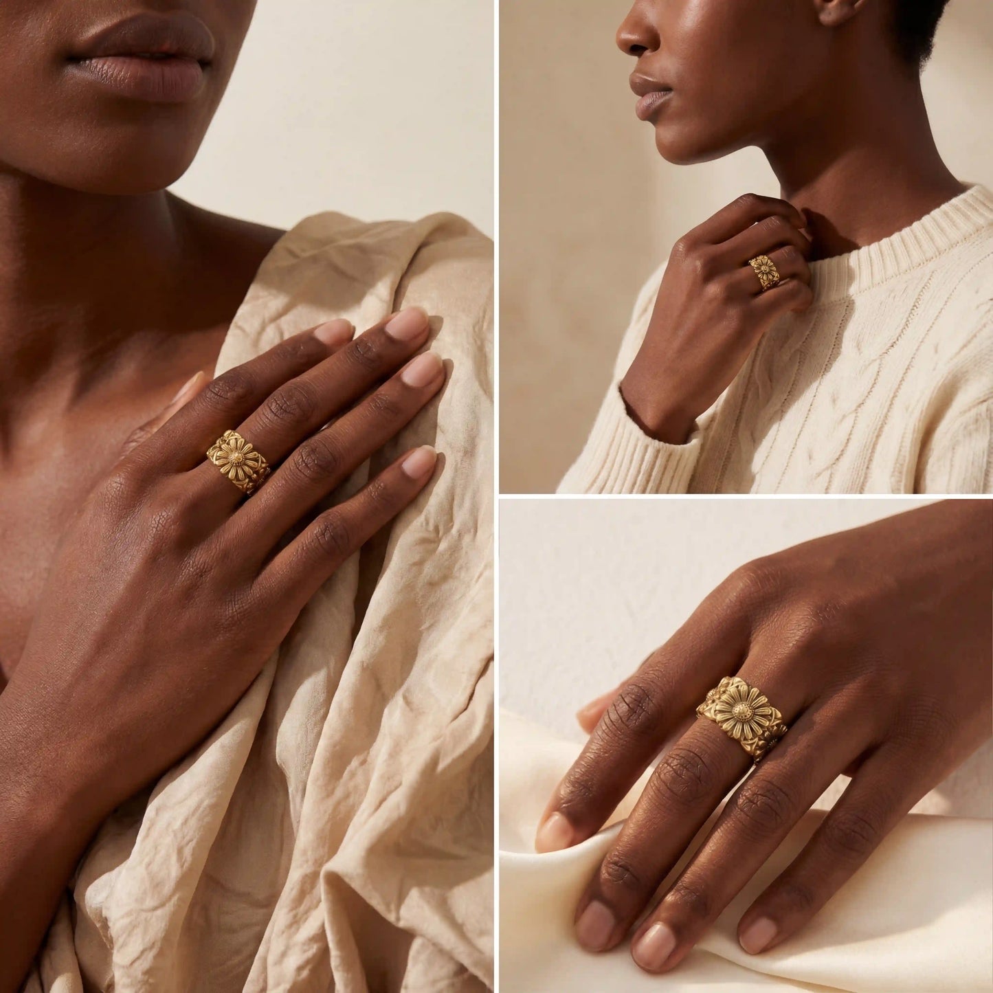 Model with dark skin styling boho gold sunflower ring wide band statement piece.