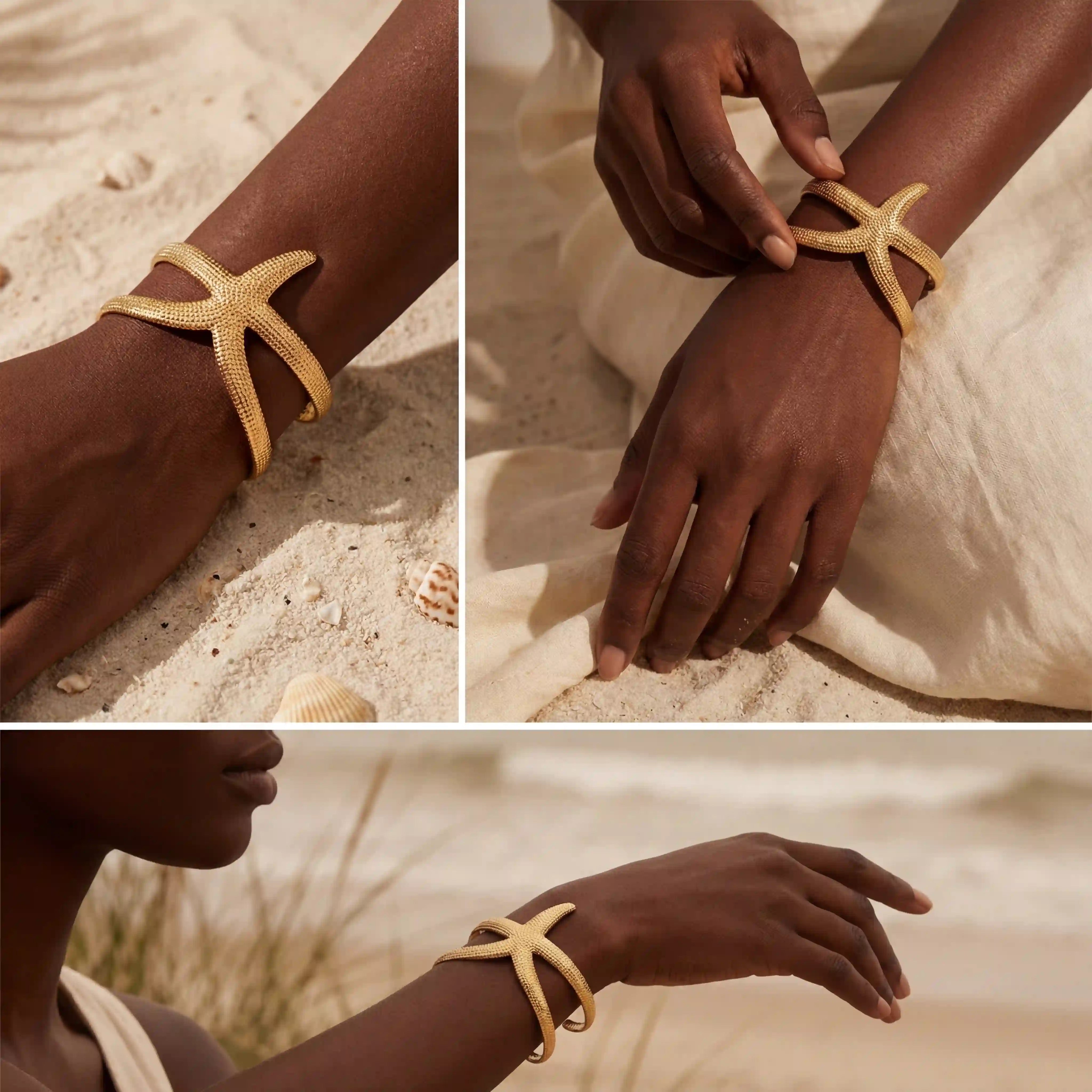 Lifestyle collage of black woman wearing statement gold starfish cuff on summer vacation.