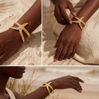 Lifestyle collage of black woman wearing statement gold starfish cuff on summer vacation.