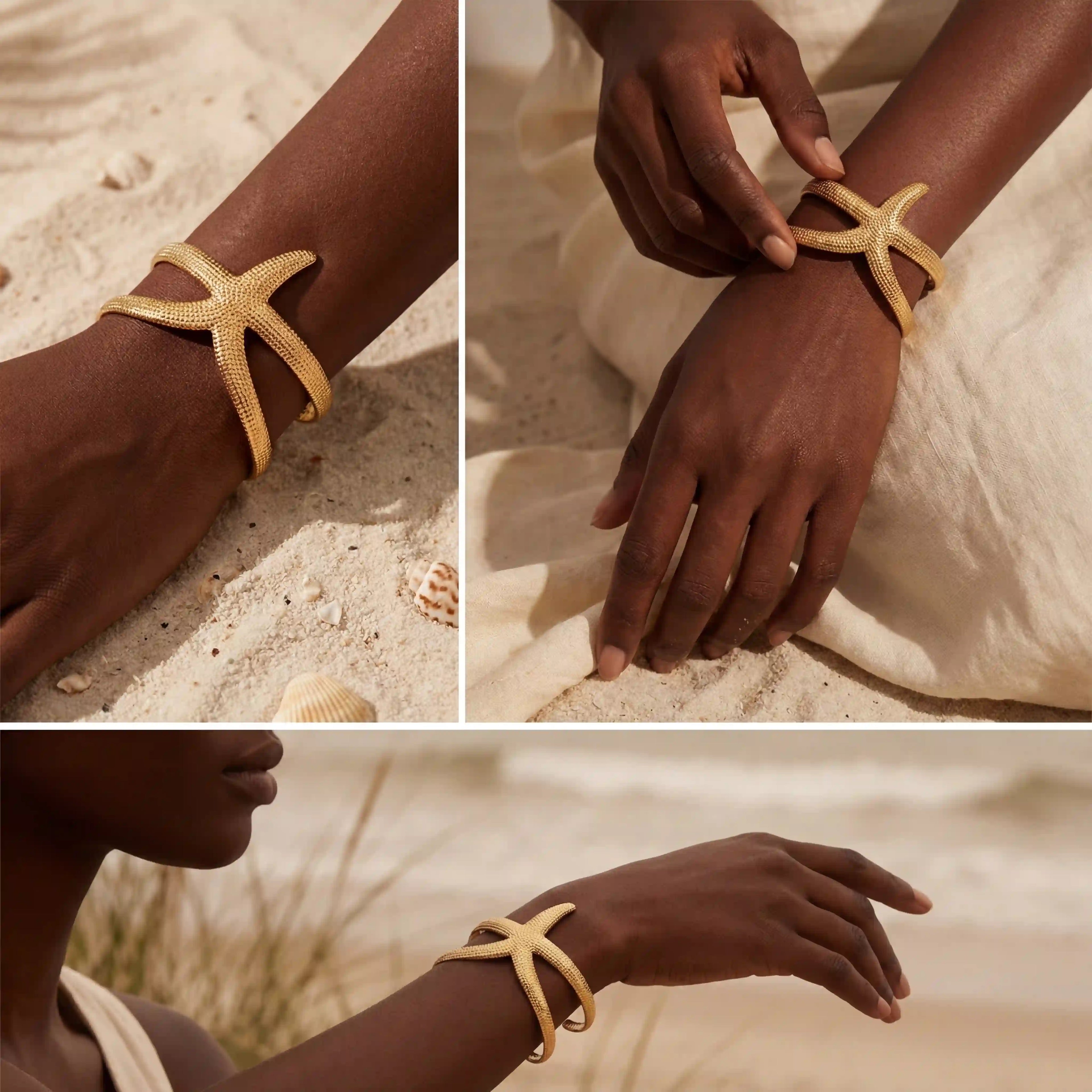 Lifestyle collage of black woman wearing statement gold starfish cuff on summer vacation.