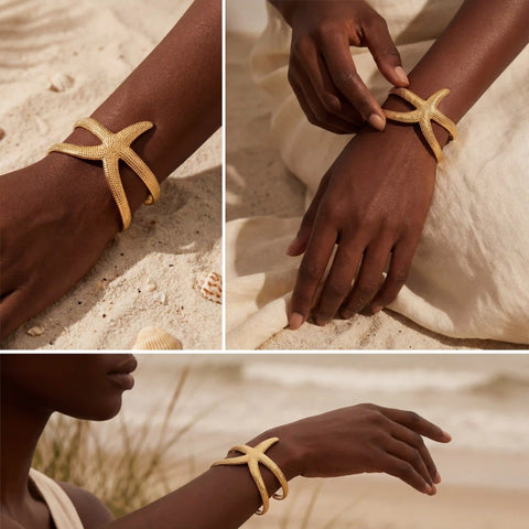Lifestyle collage of black woman wearing statement gold starfish cuff on summer vacation.