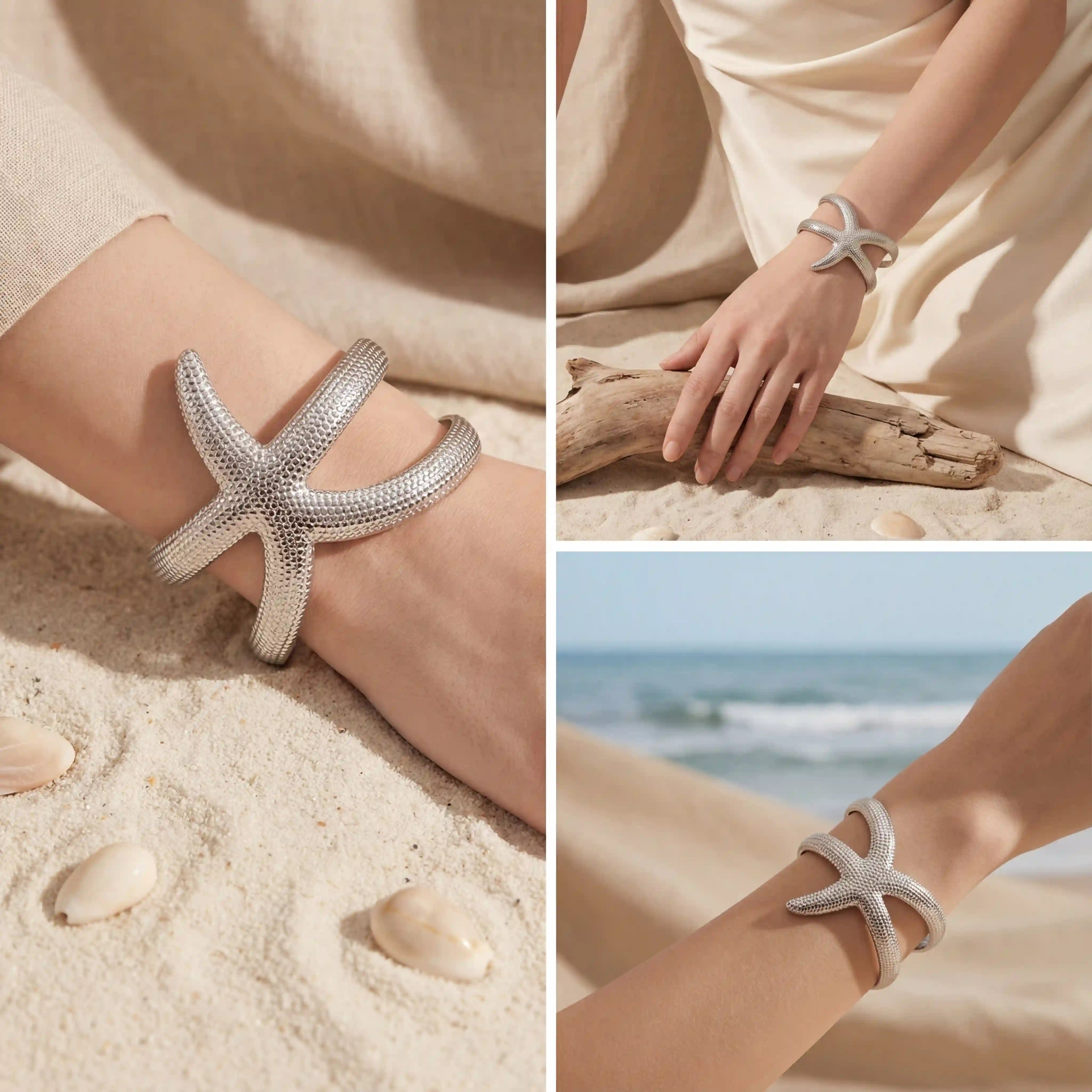 Woman styling silver textured starfish cuff bracelet with neutral beach outfit.