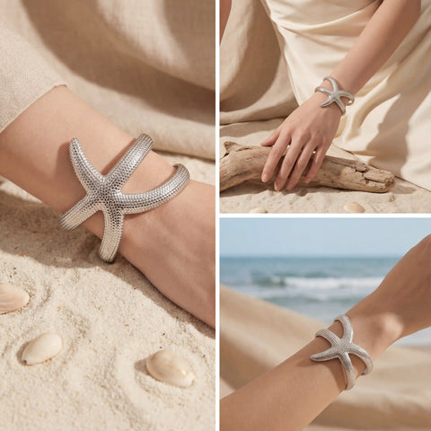 Woman styling silver textured starfish cuff bracelet with neutral beach outfit.