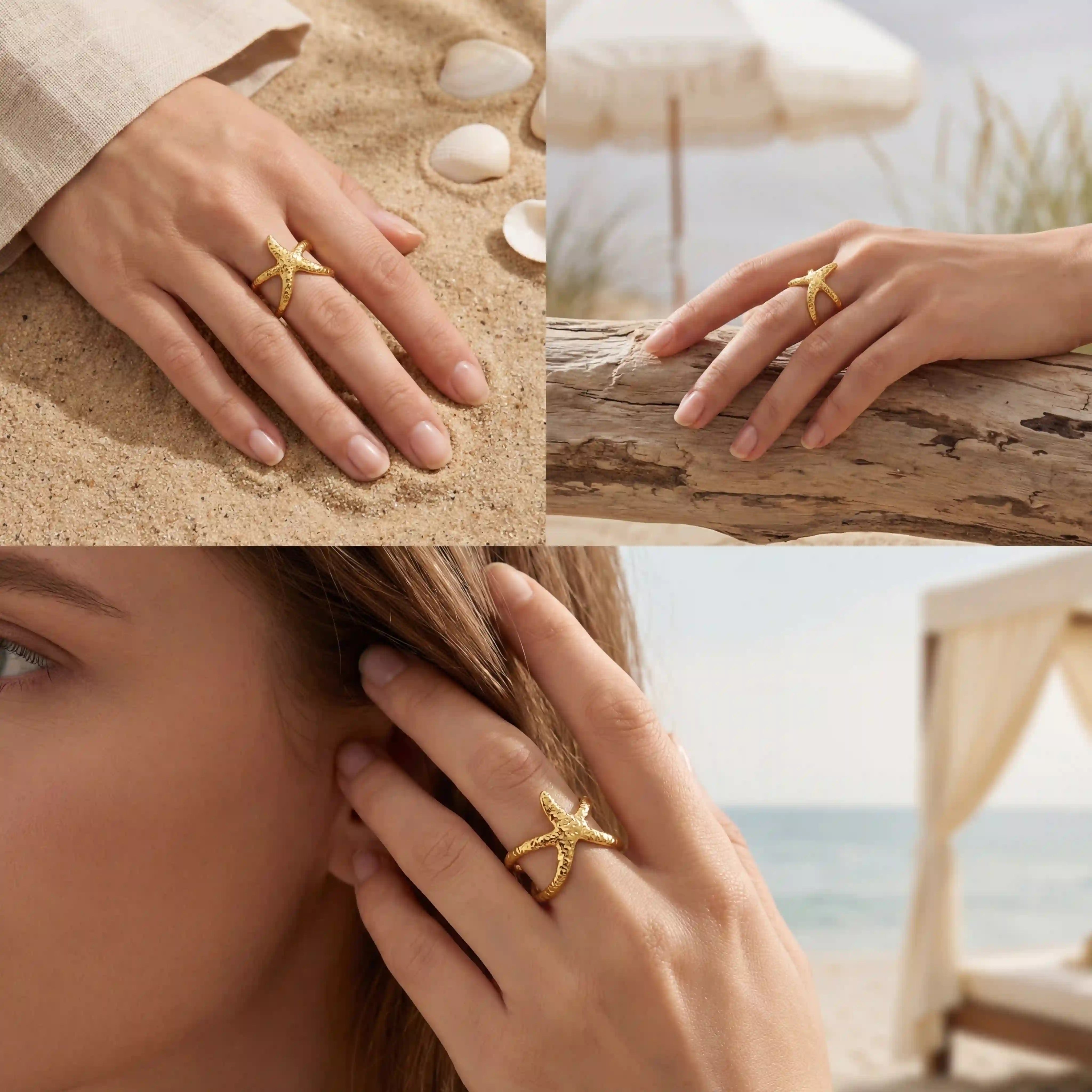 Beach vacation jewelry styling woman wearing gold starfish ring on sand ocean background.