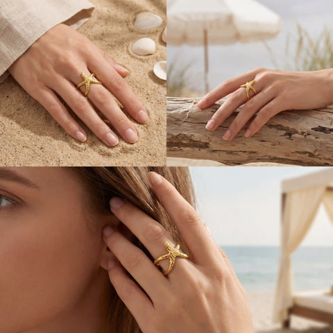 Beach vacation jewelry styling woman wearing gold starfish ring on sand ocean background.
