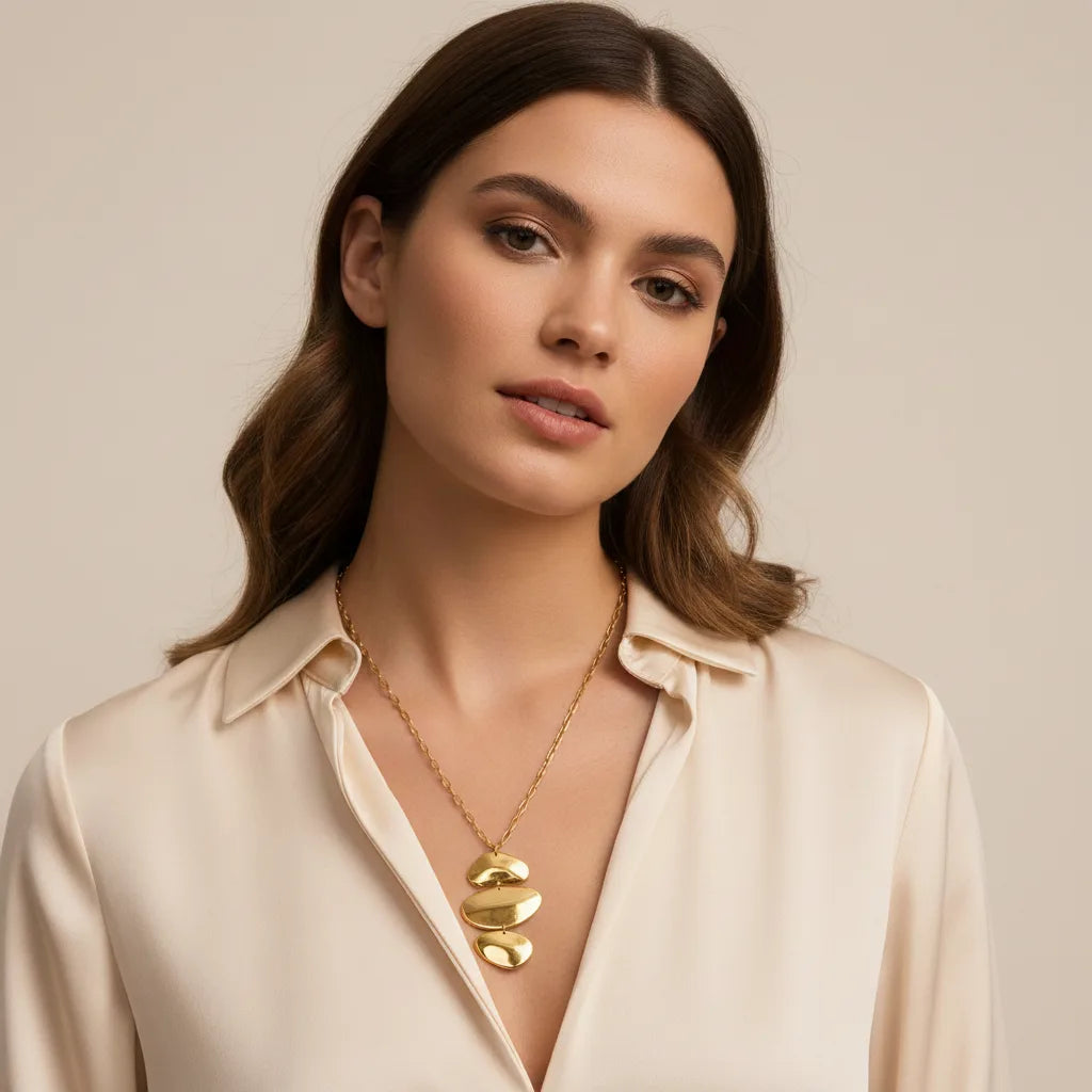 An elegant model in a beige silk blouse, where The Thalia Necklace acts as the perfect artistic centerpiece for a sophisticated look.