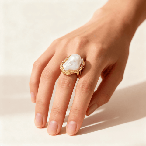Close-up of a woman's hand wearing The Theia Ring on the index finger, showing how the bold, artistic piece looks against the skin."