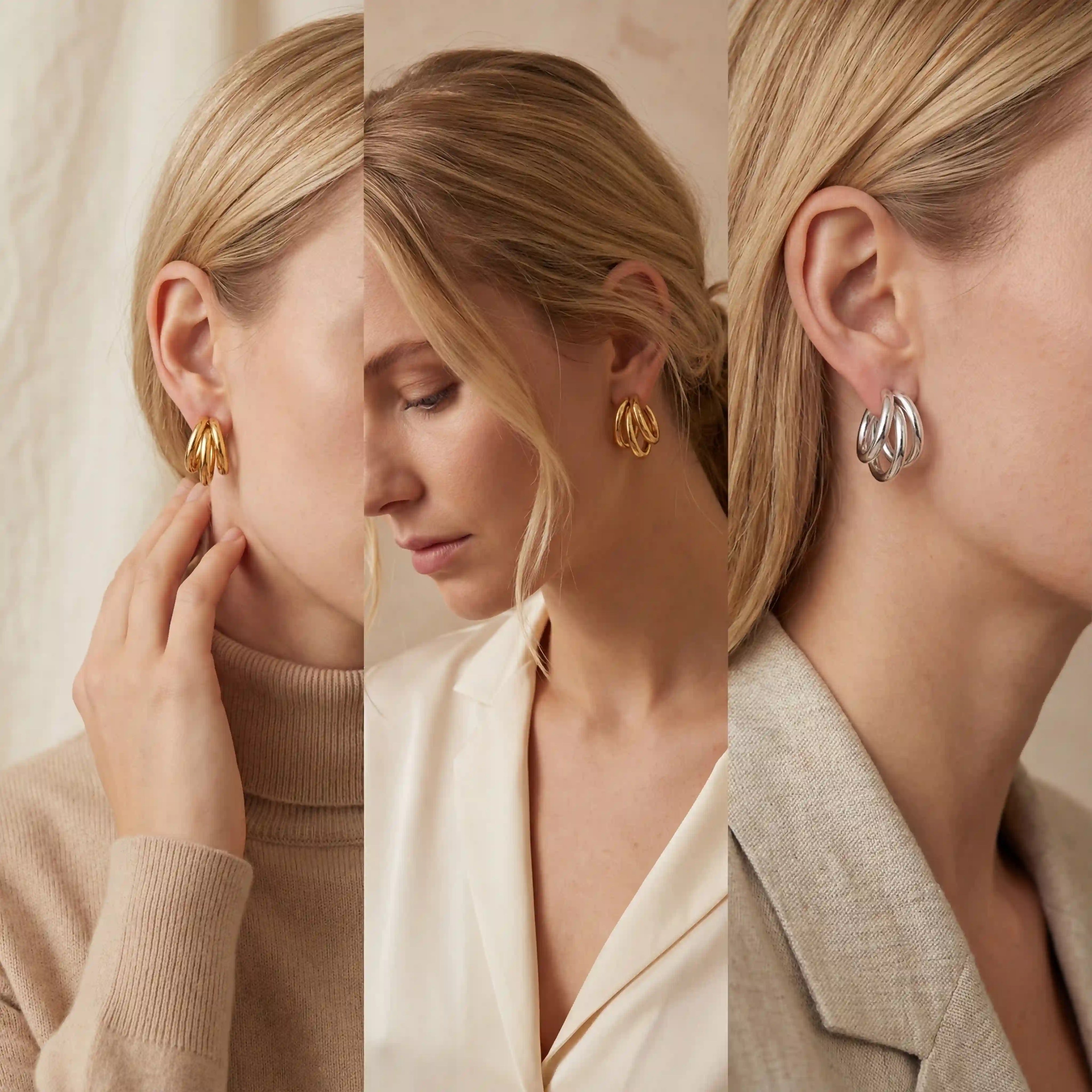 Lifestyle collage of blonde woman wearing gold illusion stack earrings office style.