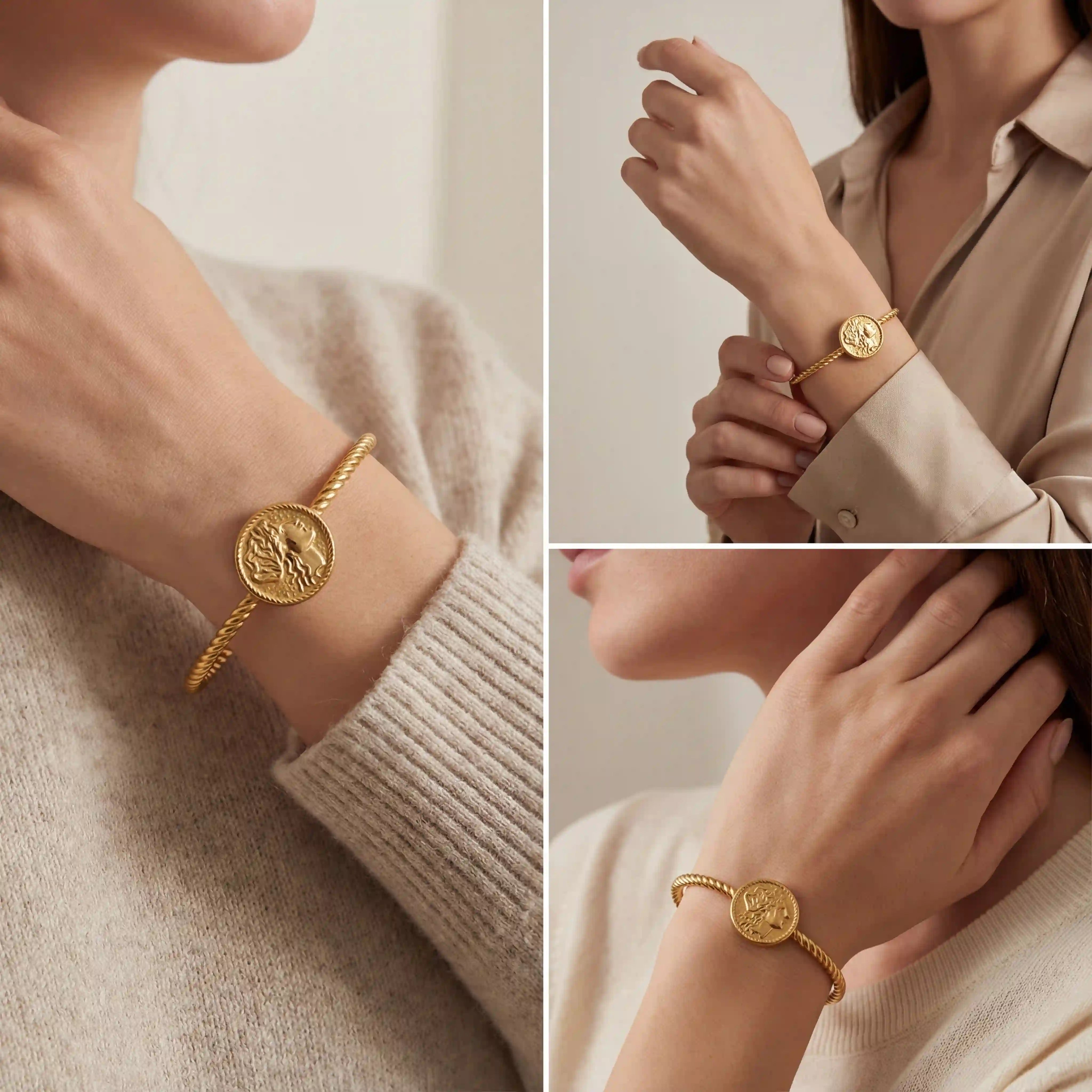 Lifestyle photography collage of woman wearing twisted gold cuff bracelet everyday style.