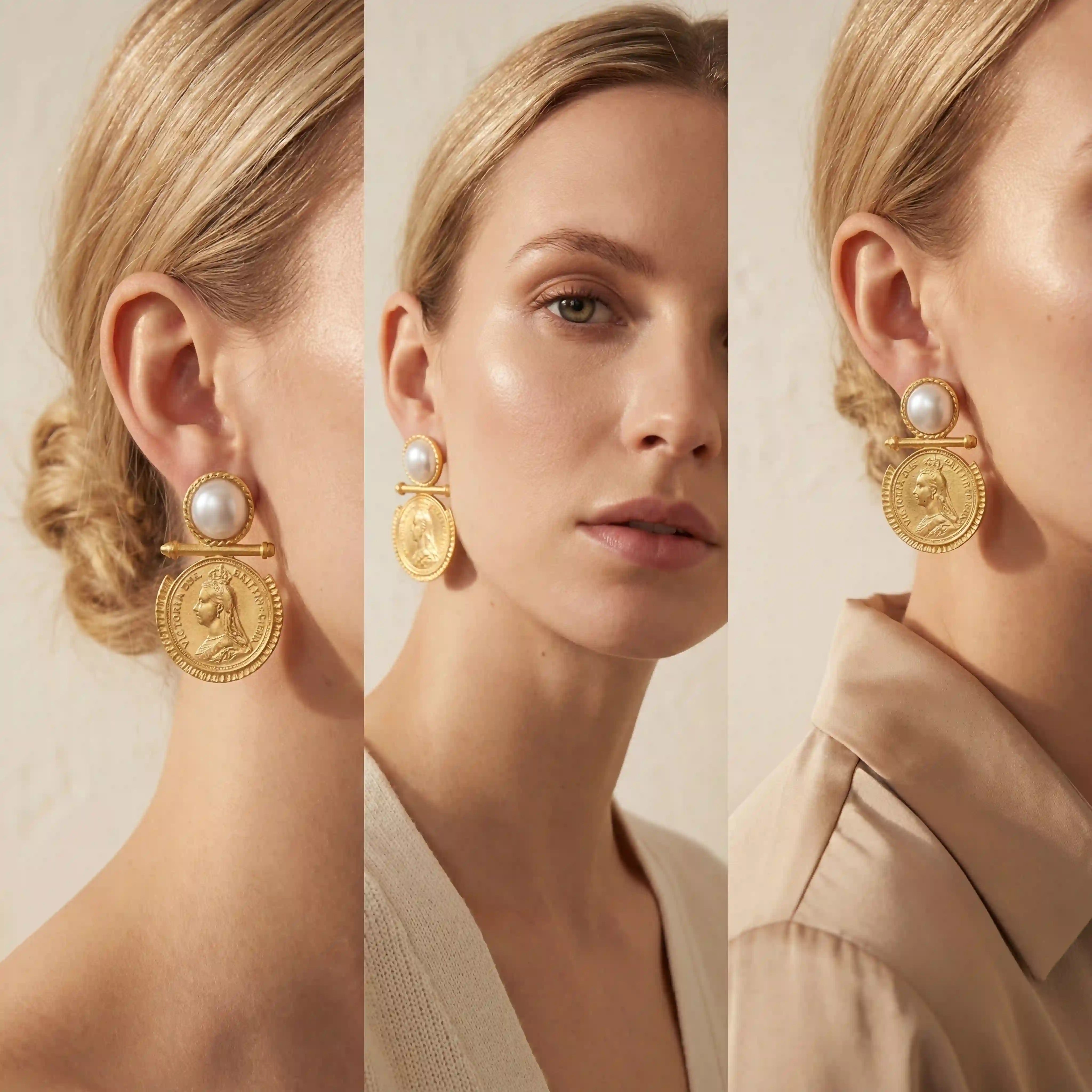 Lifestyle photography collage of blonde woman styling baroque pearl earrings old money aesthetic.