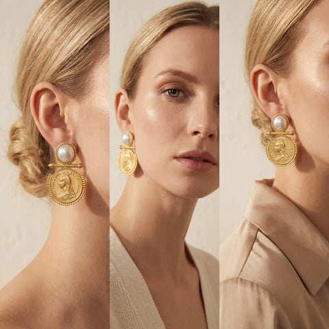 Lifestyle photography collage of blonde woman styling baroque pearl earrings old money aesthetic.