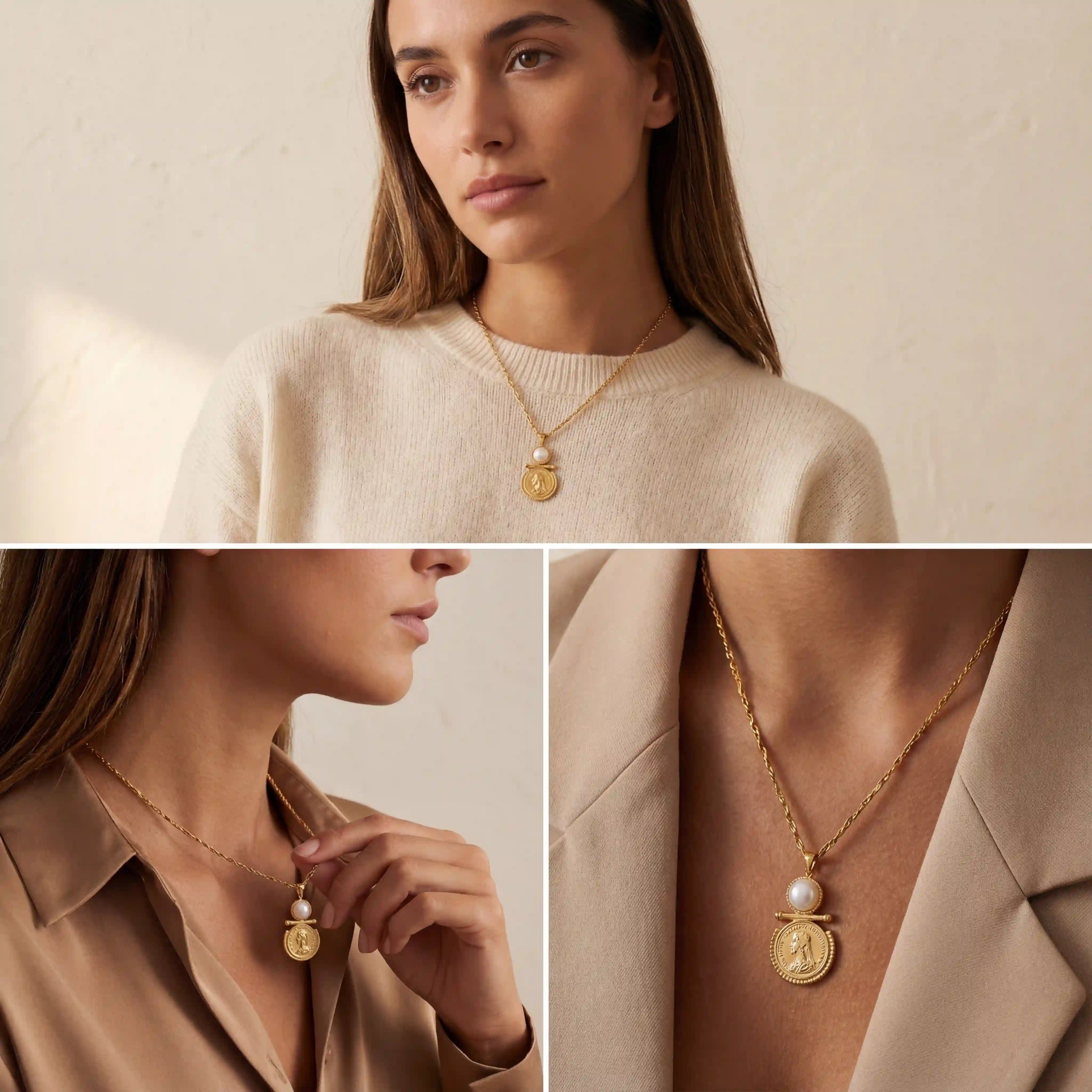 Lifestyle photography collage of woman styling vintage gold coin necklace old money aesthetic.