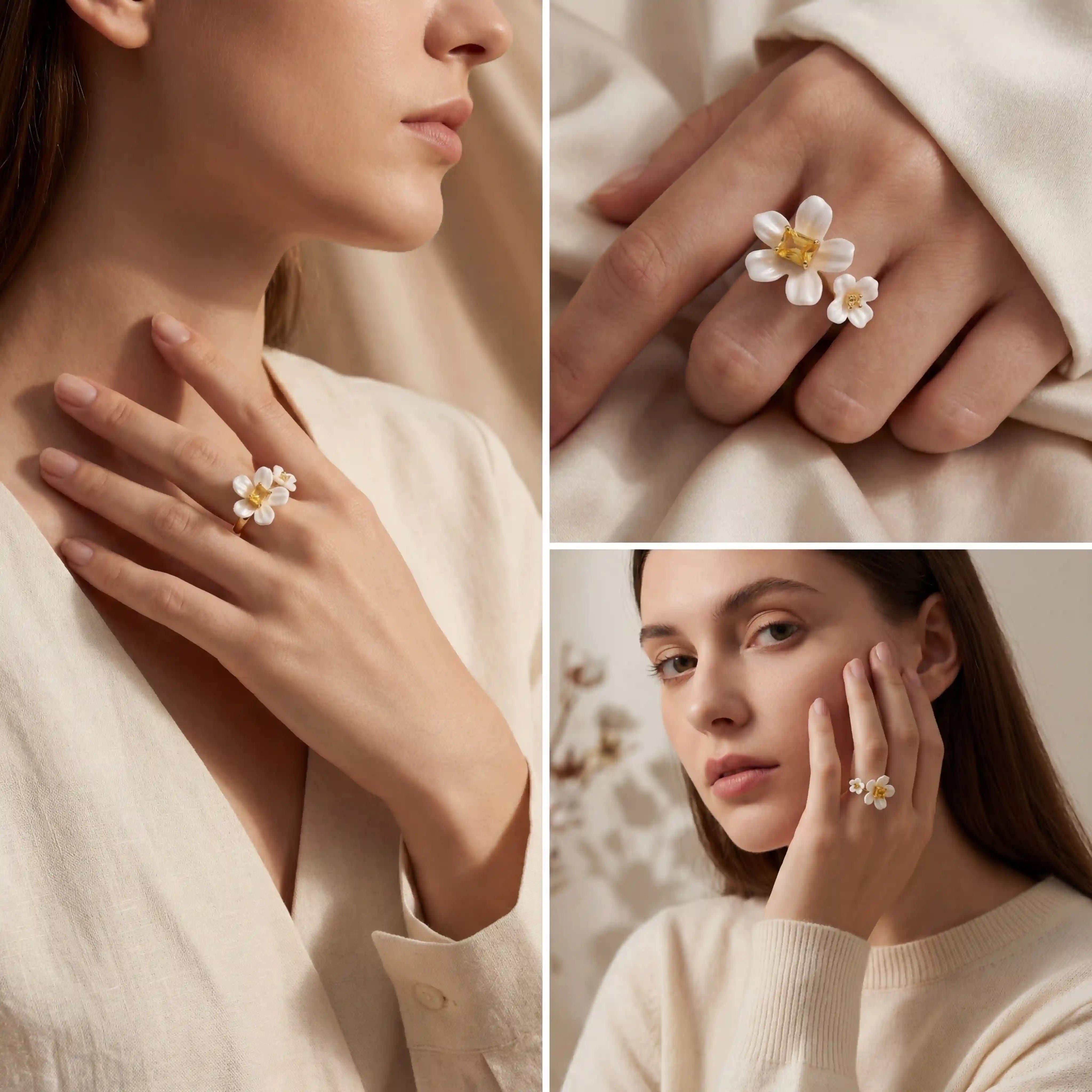 Lifestyle collage of woman wearing delicate white flower ring spring fashion styling.