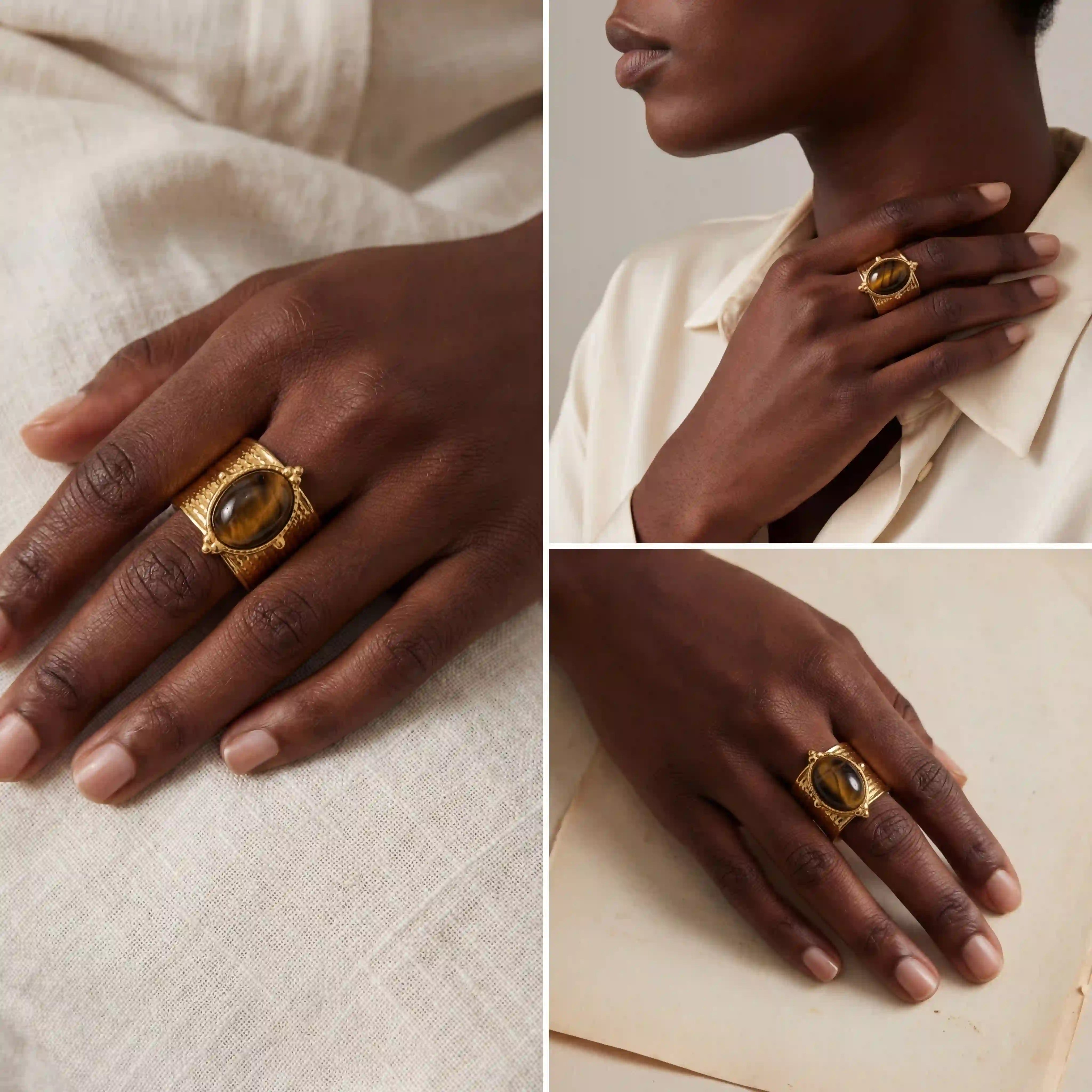 Fashion styling of vintage gold statement jewelry on black woman wearing white shirt.