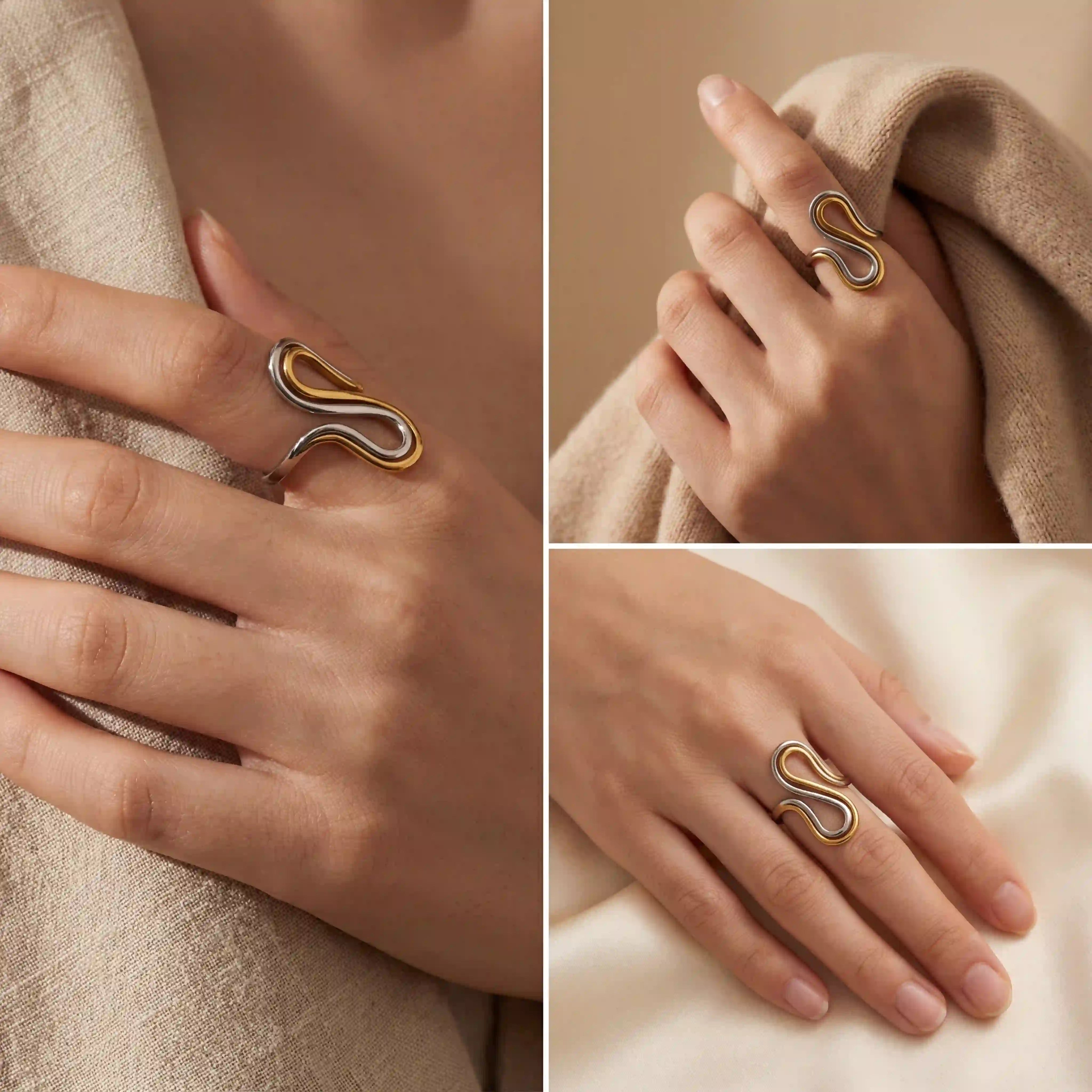 Light skin model styling mixed metal two-tone drift ring with beige outfit.