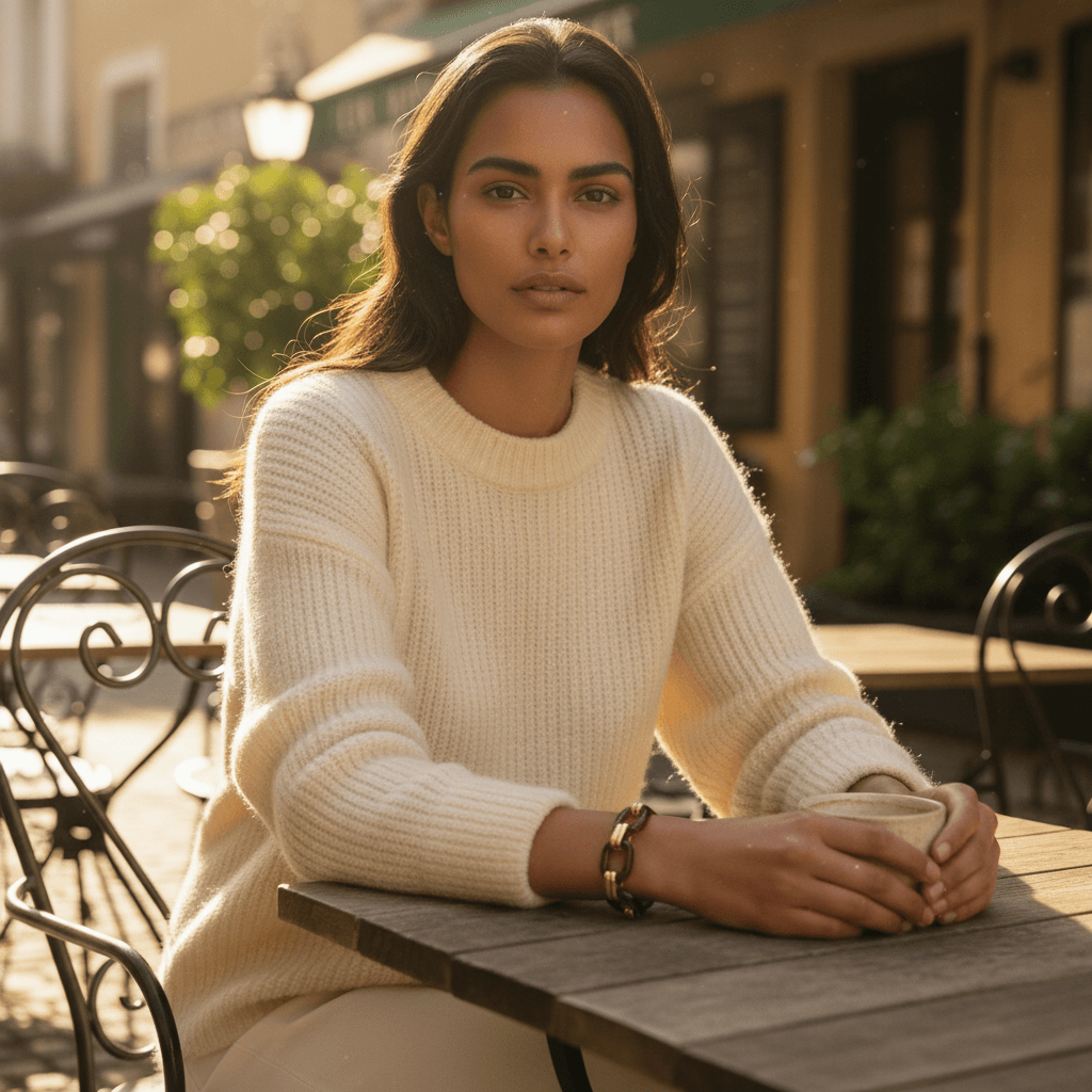 A confident model looks directly at the camera while wearing the Florence statement bracelet, showcasing it as the perfect accessory for a sophisticated, sunlit cafe look.