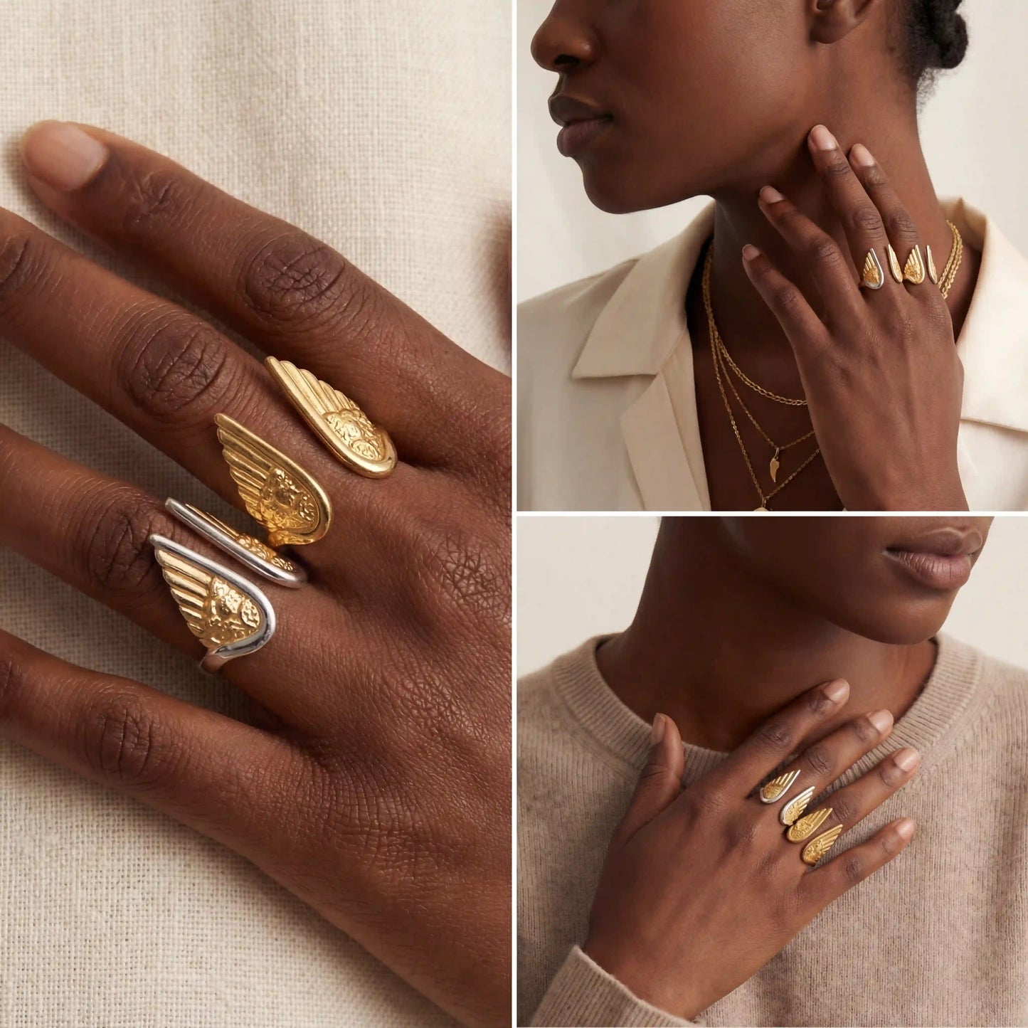 Model with dark skin wearing stacked angel wing rings gold and silver mix.