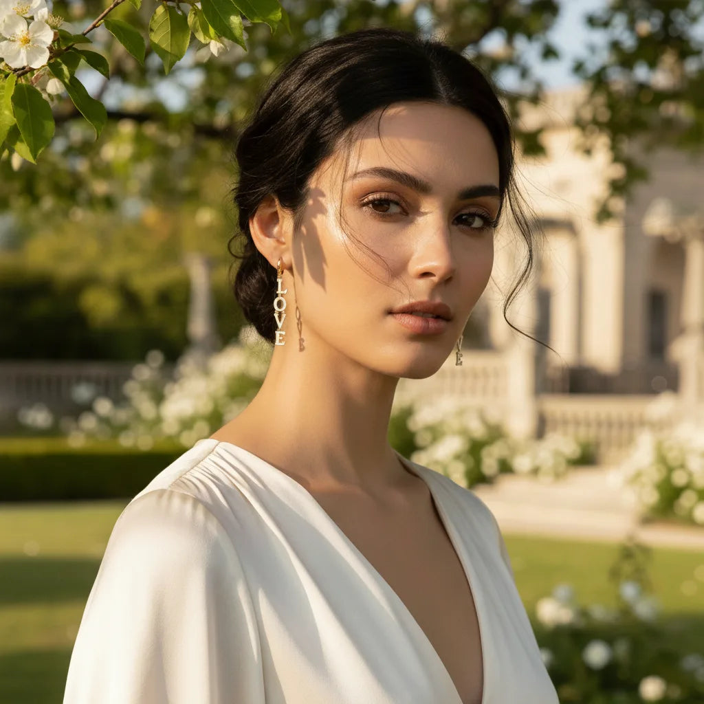 A model in a romantic, white bridal-style gown looks thoughtfully towards the camera in a garden setting, wearing The Amor Earrings as a modern statement piece.