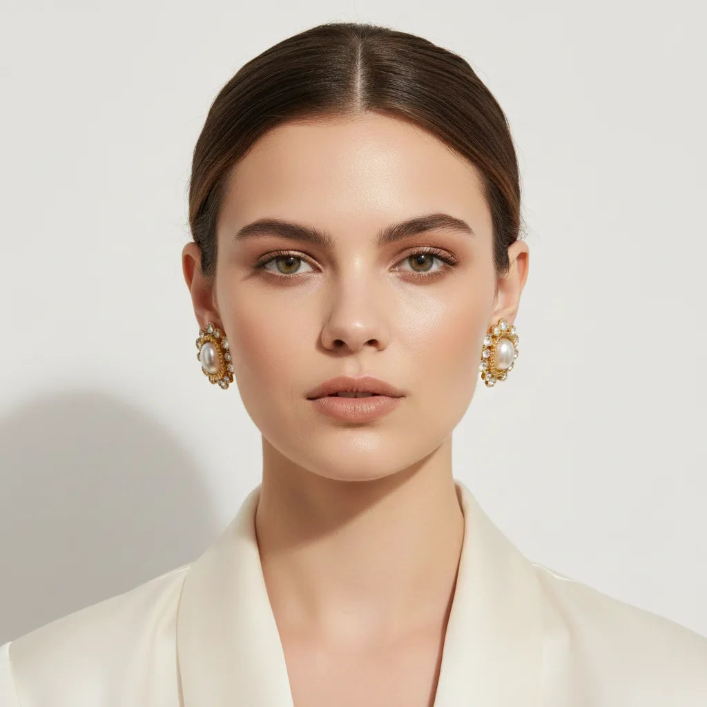 Model looking forward while wearing The Antoinette Earrings with a white blazer, embodying a powerful and elegant 'old money' aesthetic.