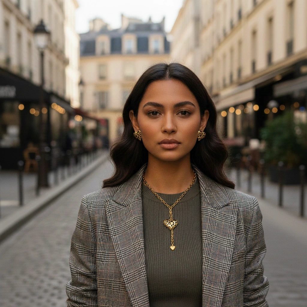 A confident model on a European street, wearing The Artemis Lariat with a grey blazer for a powerful, fashion-forward city look.