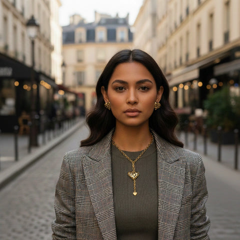 A confident model on a European street, wearing The Artemis Lariat with a grey blazer for a powerful, fashion-forward city look.