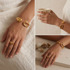 Styling gold open bangle with rings minimalist jewelry collage.