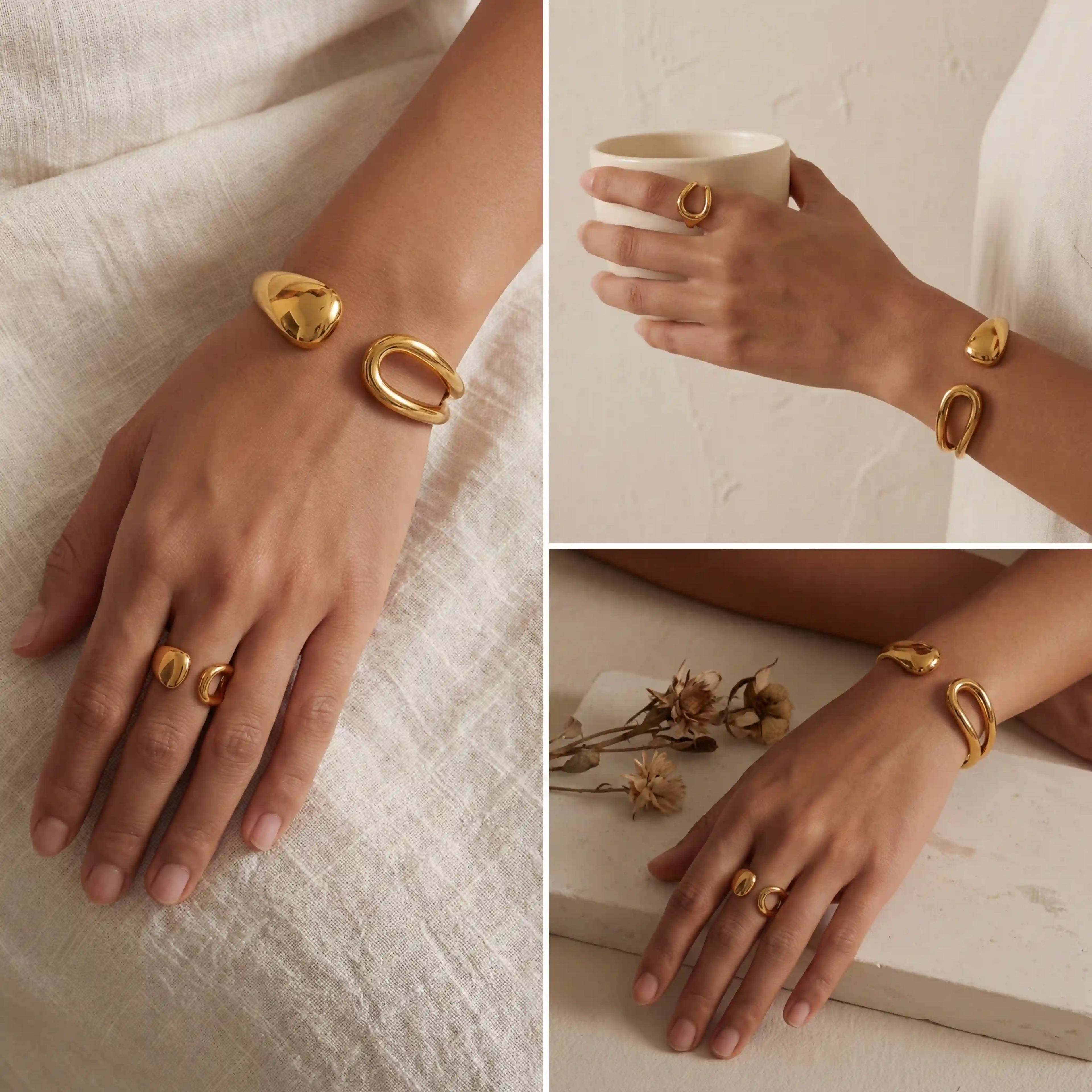 Styling gold open bangle with rings minimalist jewelry collage.