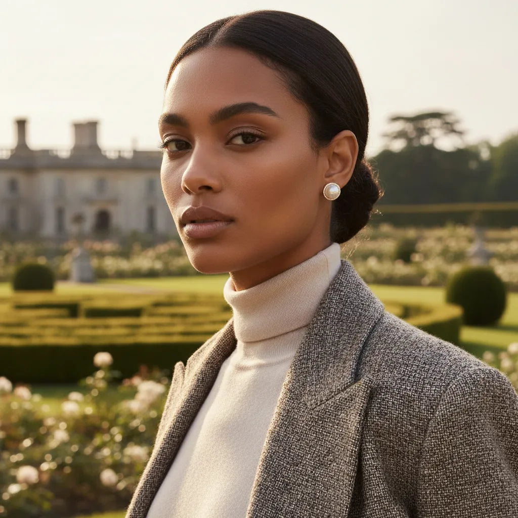 Model wearing The Athena Studs with a sophisticated grey blazer, demonstrating their power as the ultimate accessory for a professional and polished wardrobe.