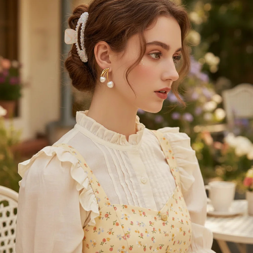 Model wearing The Chérie Pearl Earrings with a vintage-style floral top and a hair clip, creating a whimsical and romantic look at a garden cafe.