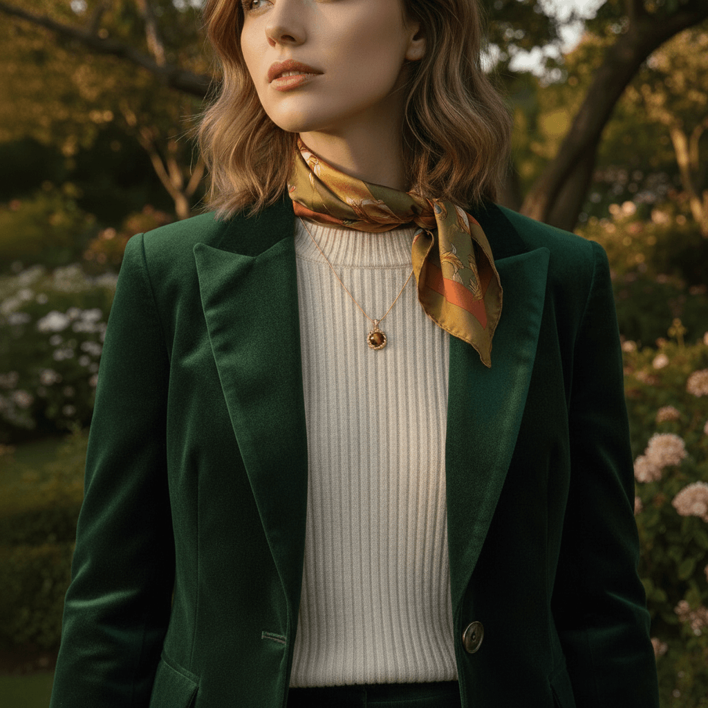 A woman wearing a white linen shirt with the top buttons open, The Courage Stone Necklace lying gracefully on her collarbone. The shot has a calm, confident, and bohemian feel.